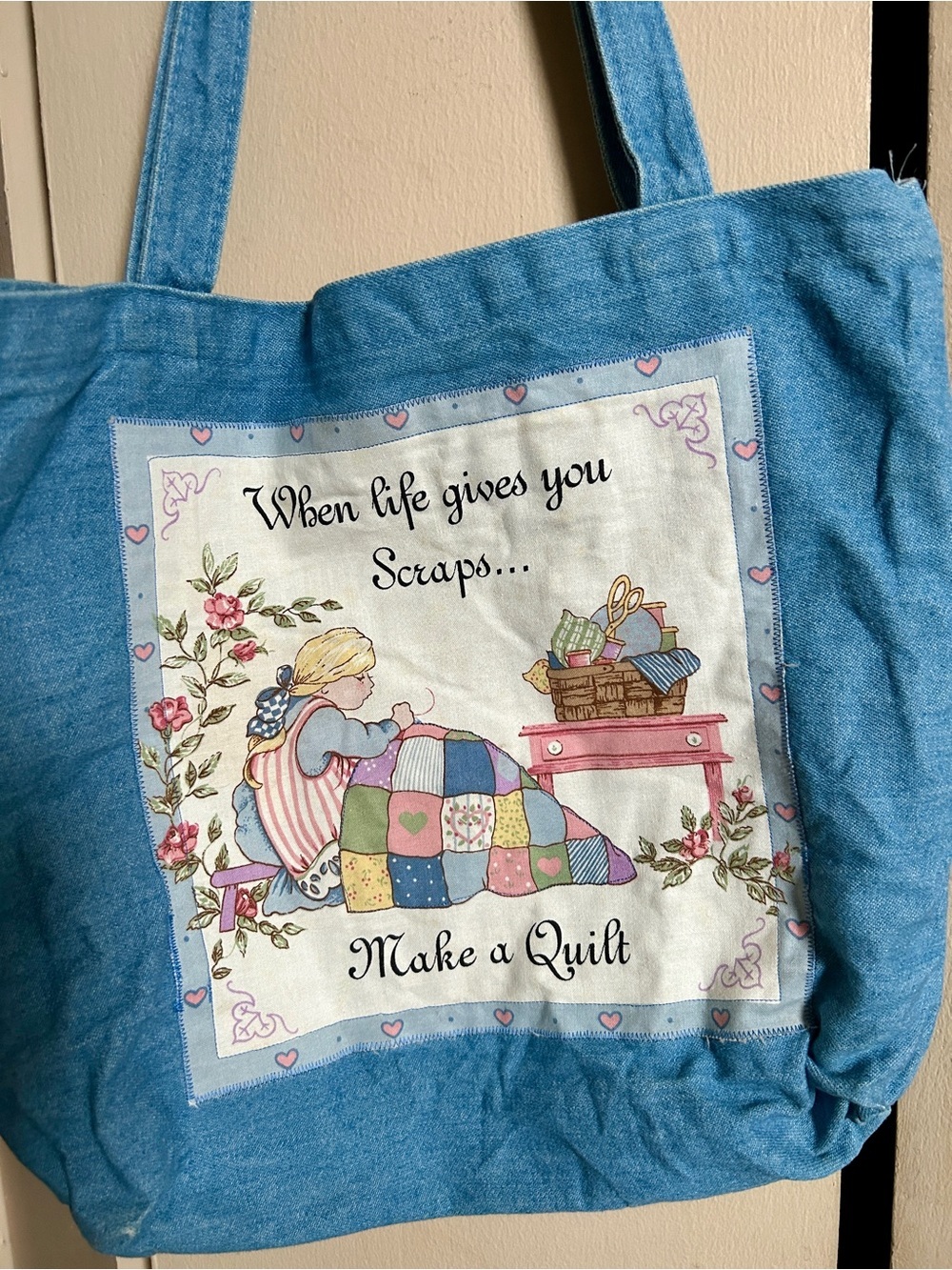 Handmade Denim Canvas Tote Bag With Cottage Core Grandma Core Cat Quilt Print - Picture 4 of 4